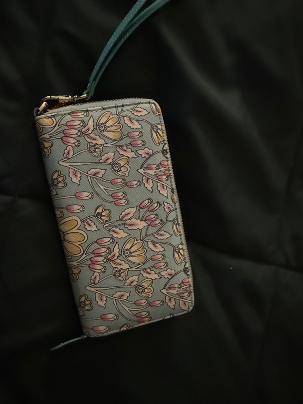 Floral Zip Wallet Wristlet in Light Blue with Pink & Yellow Accents